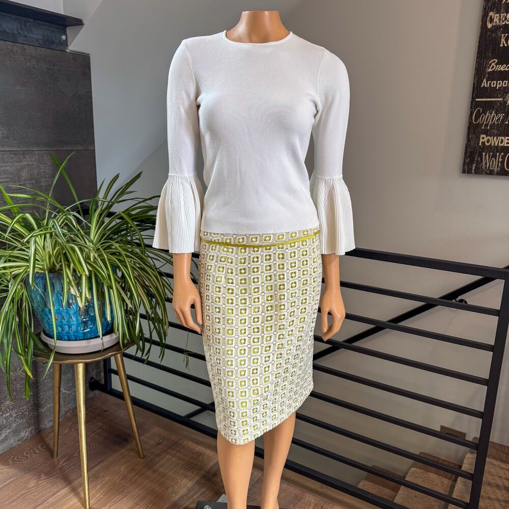 Antonio Melani Chartreuse Geometric Lace Pencil Skirt, Ivory/Lime Green, Size 4